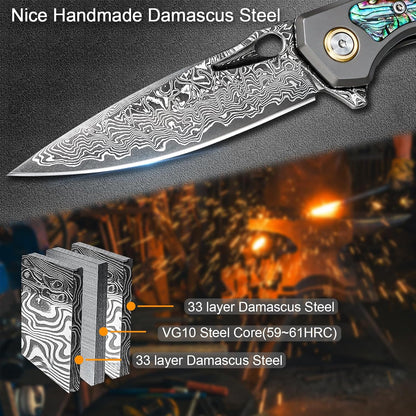Engraved Damascus Pocket Knife - EDC Folding Knife with Abalone Handle
