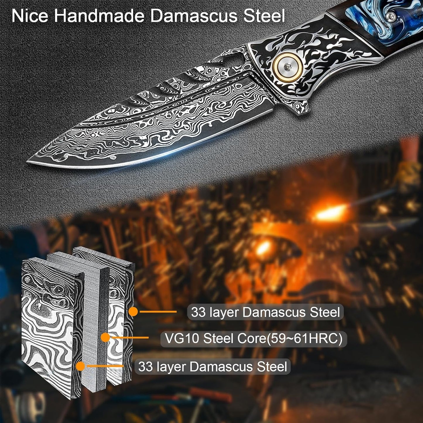 Resin Blue Inlay Damascus Pocket Knife