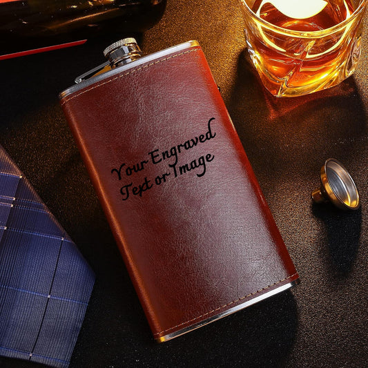 Brown Leather 10oz Hip Flask With Funnel