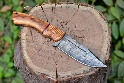 Olive Wood Handle 9.75" Damascus Hunting Knife