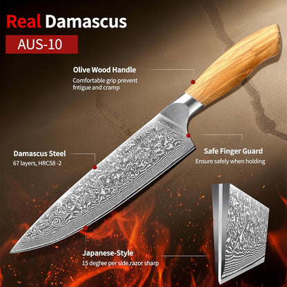 Engraved 8" Damascus Chef Knife Kitchen Olive Wood Handle