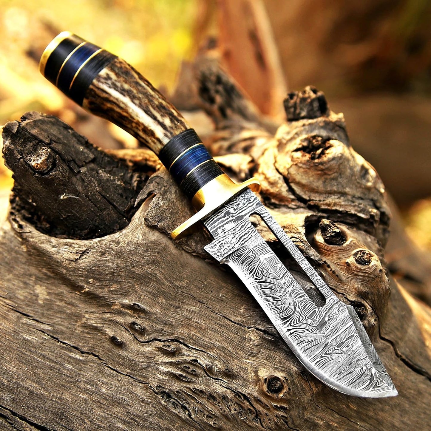 Small 4"Damascus Hunting Knife Antler Horn Handle
