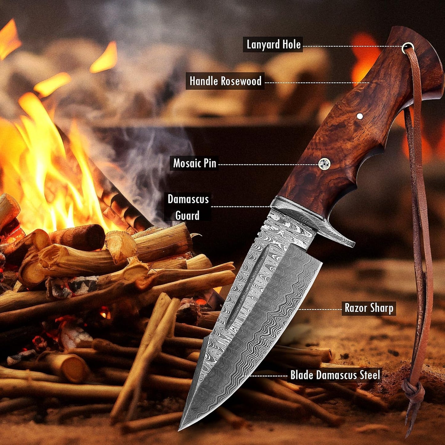 Rosewood Handle 10" Damascus Hunting Knife