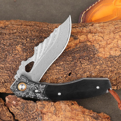 Damascus Folding Knife: Ebony Wood Handle, Engraved Pocket Knife Personalized