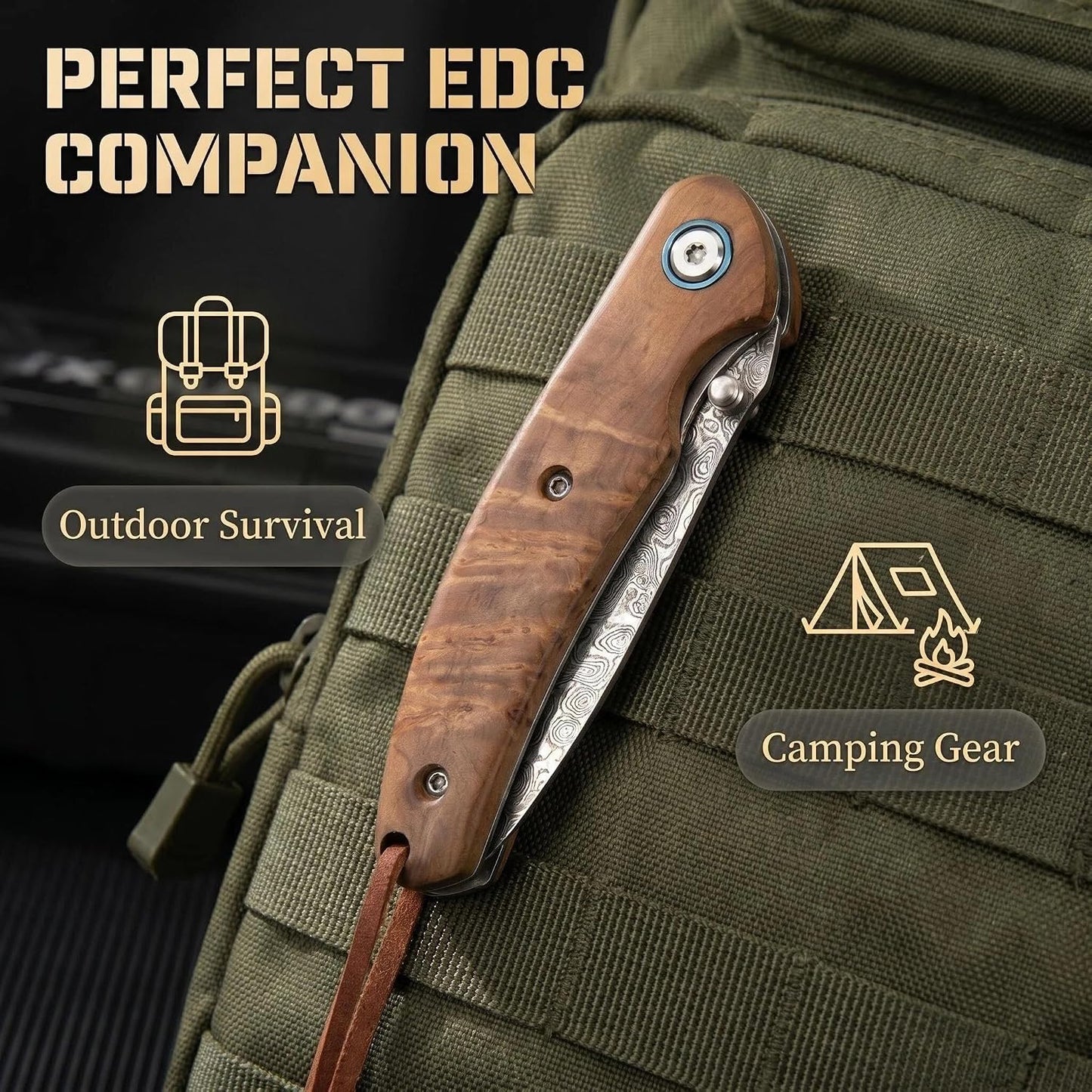 Personalized Damascus Pocket Knife – Burl Wood Handle