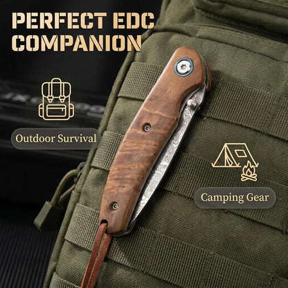 Personalized Damascus Pocket Knife – Burl Wood Handle