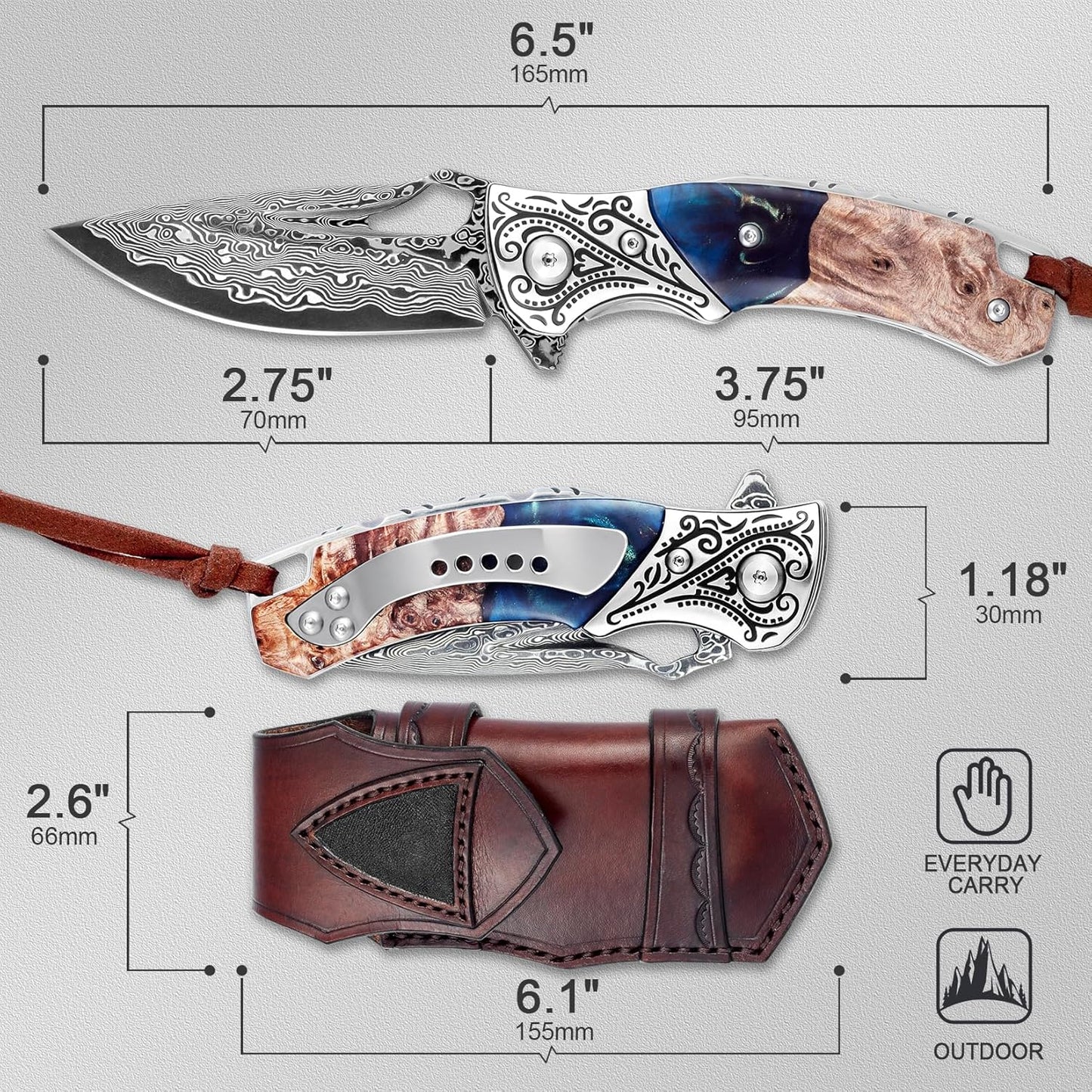 Damascus 6.5" Folding Knife Resin & Maple Wood Handle