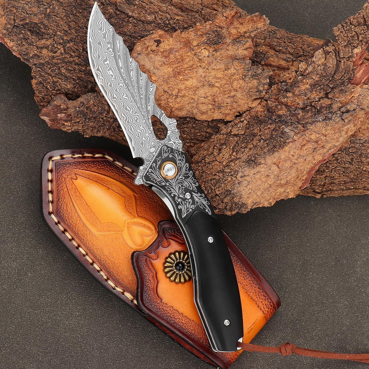 Damascus Folding Knife: Ebony Wood Handle, Engraved Pocket Knife Personalized