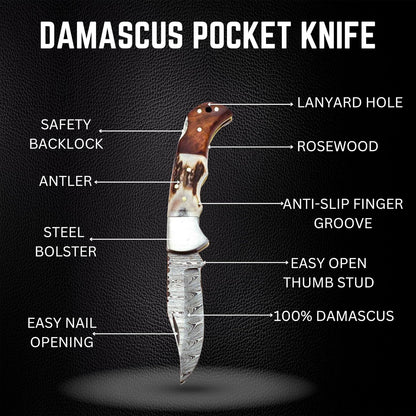 Deer Antler & Rosewood Handle 6.5" Damascus Pocket Knife