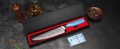 8" Engraved Chef Knife Damascus Chef Blue Resin Handle