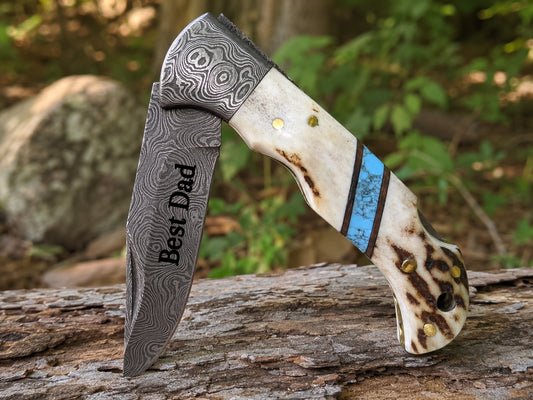 Engraved Damascus Pocket Folding Knife - Deer Antler Blue Turquoise Handle
