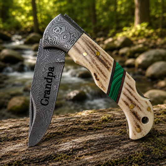 Engraved Damascus Pocket Folding Knife - Deer Antler Green Malachite Handle