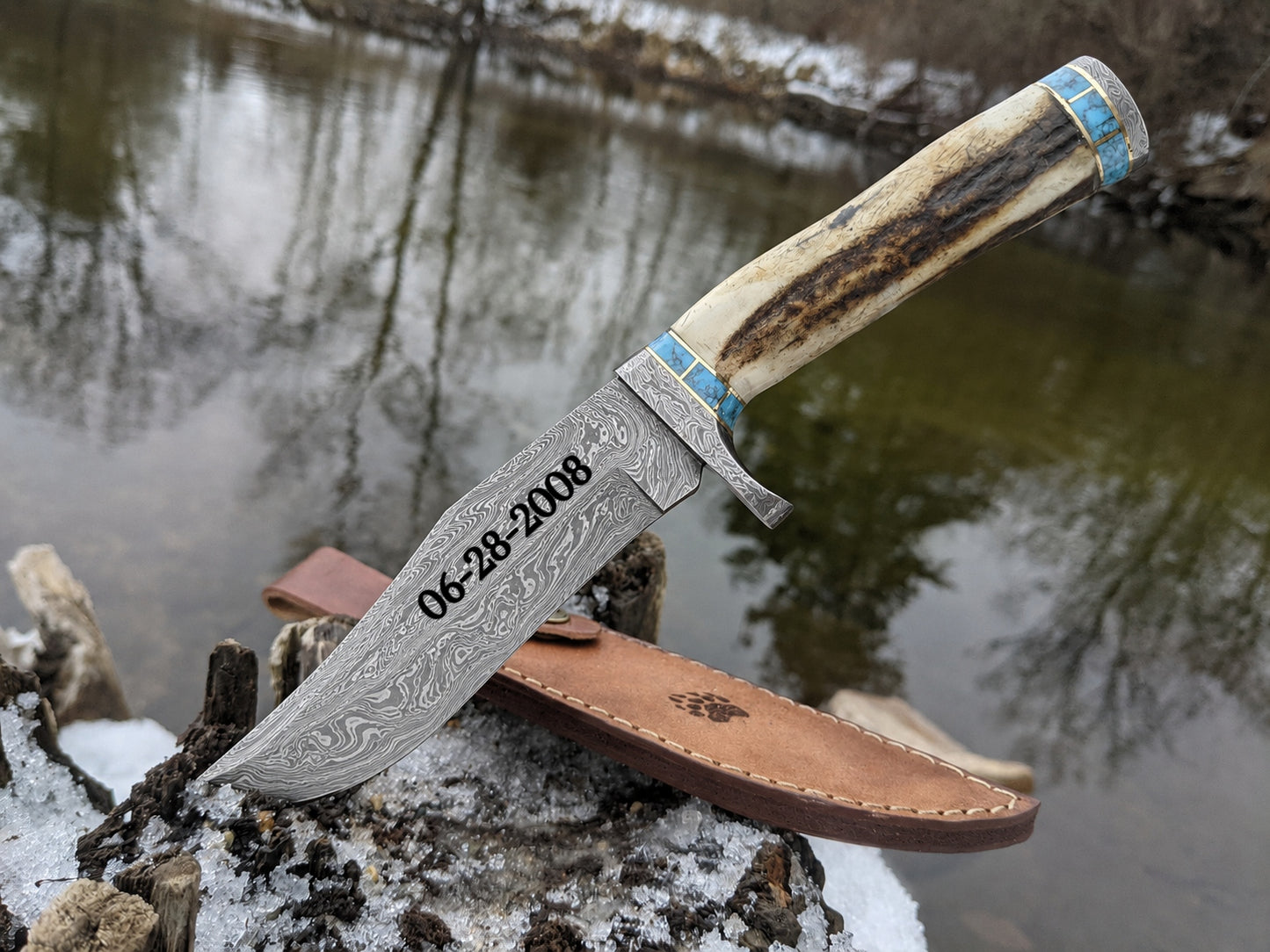 Engraved Antler Handle Damascus Hunting Knife Blue Turquoise