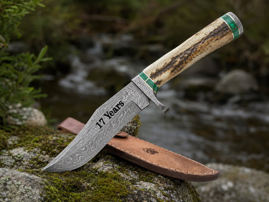 Engraved Antler Handle Damascus Hunting Knife Green Malachite