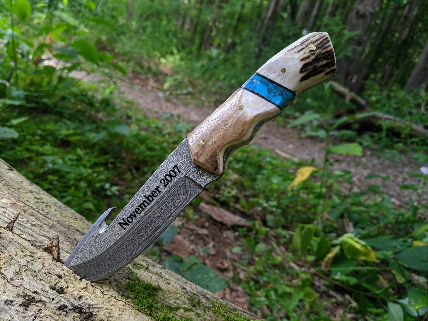 Engraved Damascus Hunting Knife Blue Turquoise Antler Handle