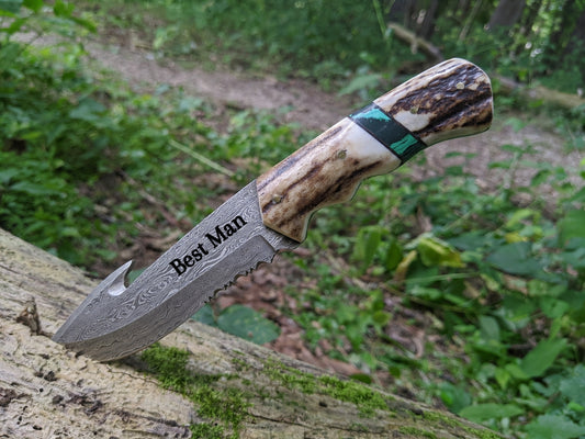 Engraved Damascus Hunting Knife Green Malachite Antler Handle