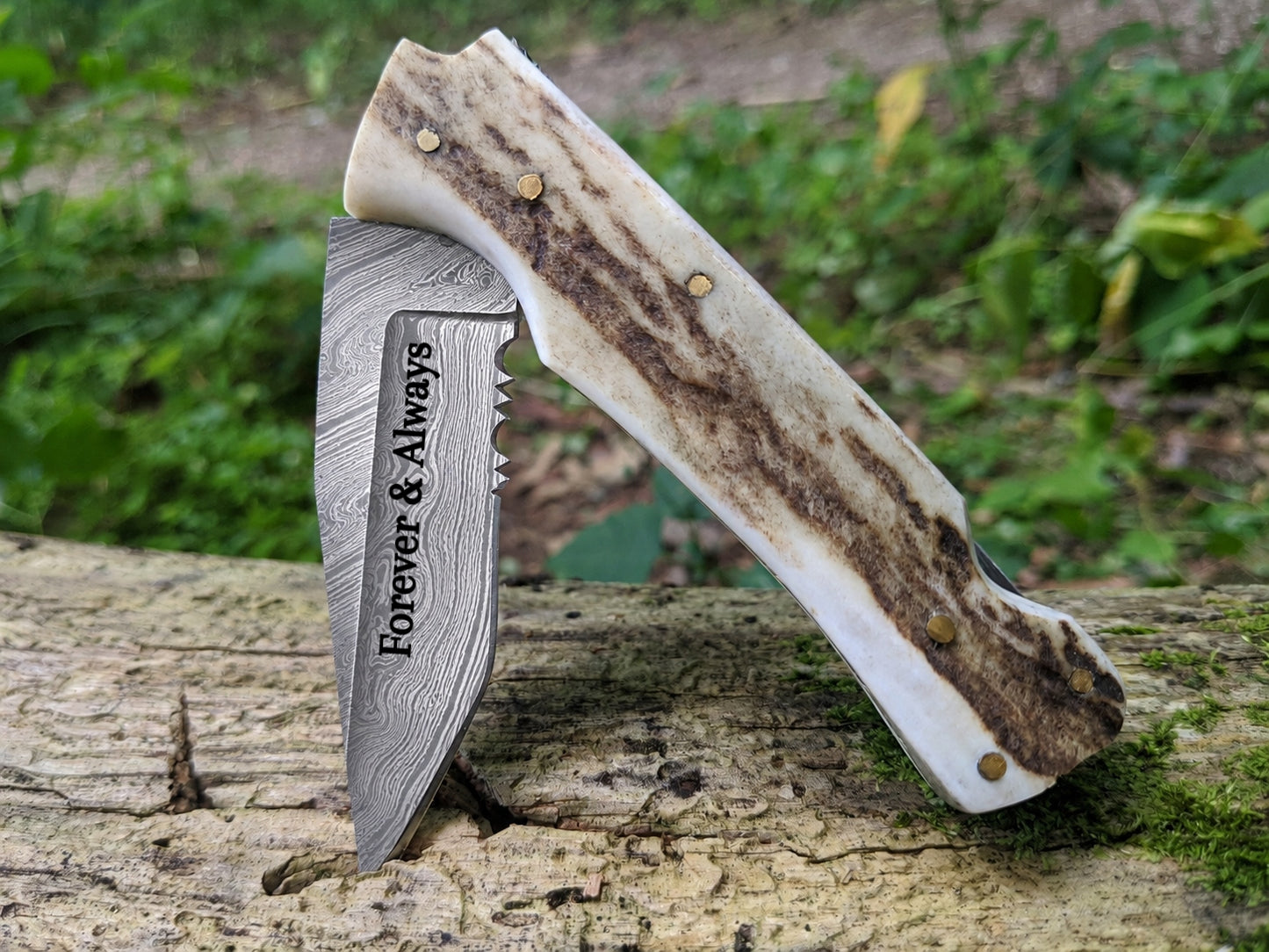 Engraved Damascus Folding Pocket Knife | Deer Antler Handle