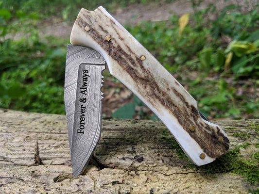 Engraved Damascus Folding Pocket Knife | Deer Antler Handle