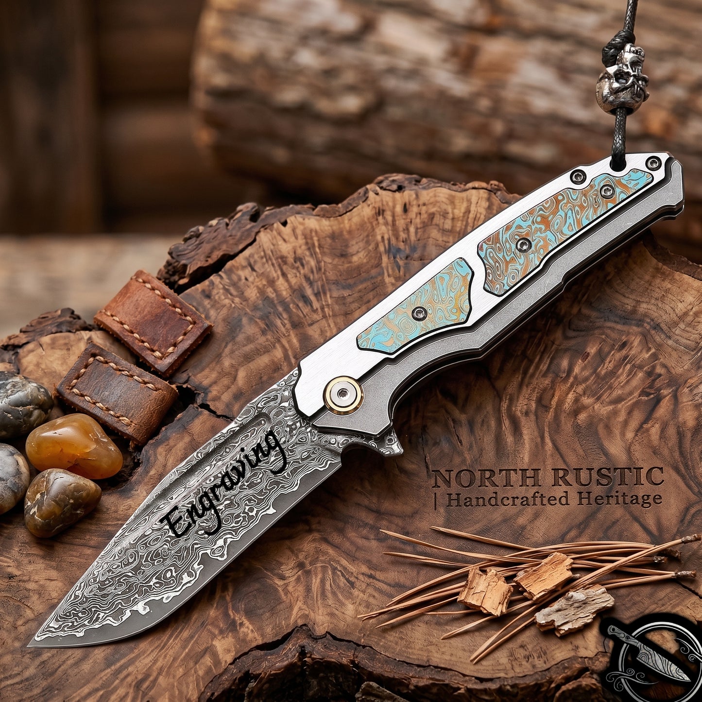 Damascus Pocket Knife Green Alloy Inlay 3.5" Blade