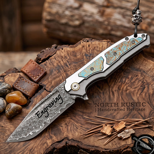Damascus Pocket Knife Green Alloy Inlay 3.5" Blade