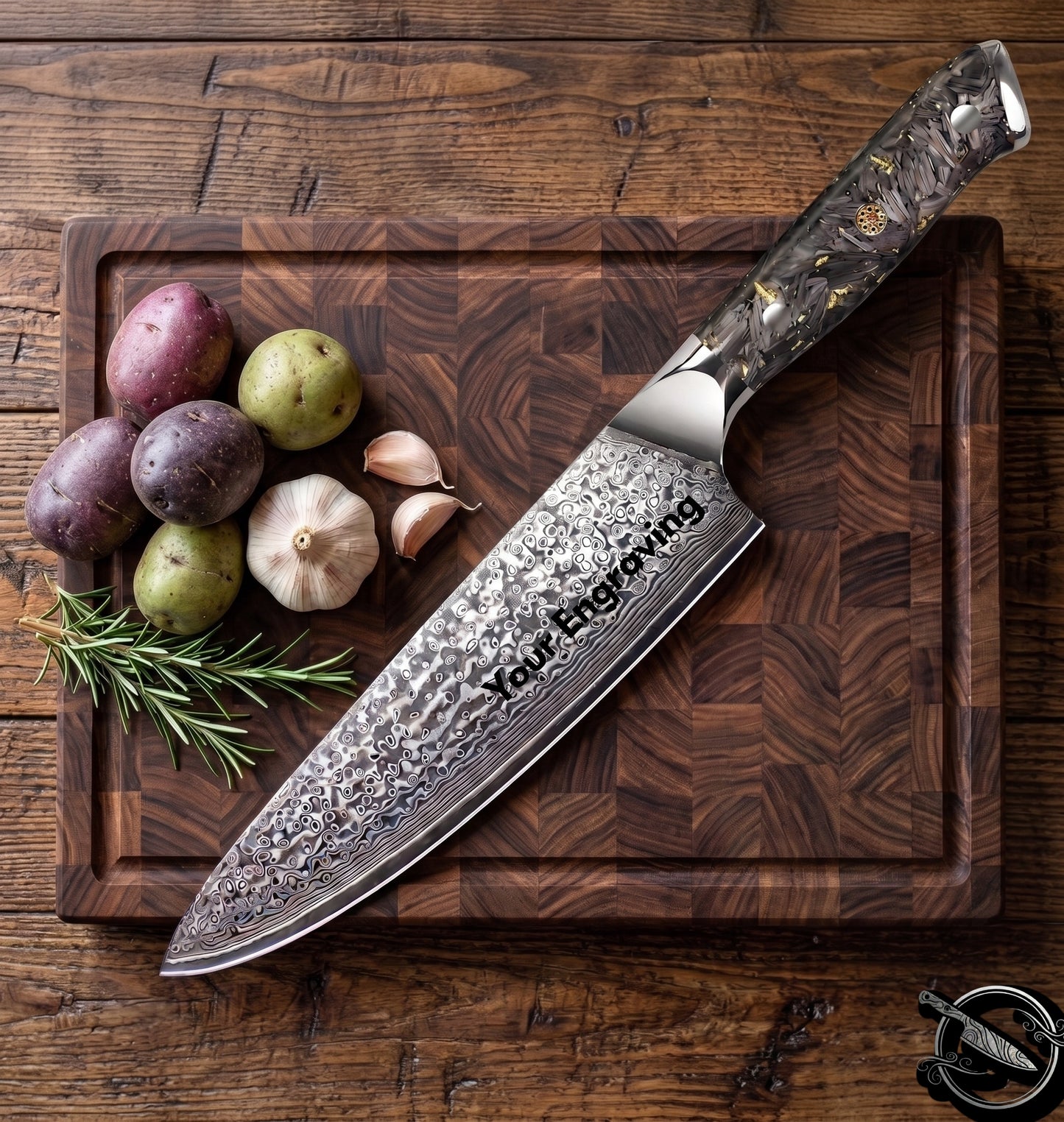 8" Damascus Chef Knife Gold Flake Foil Handle