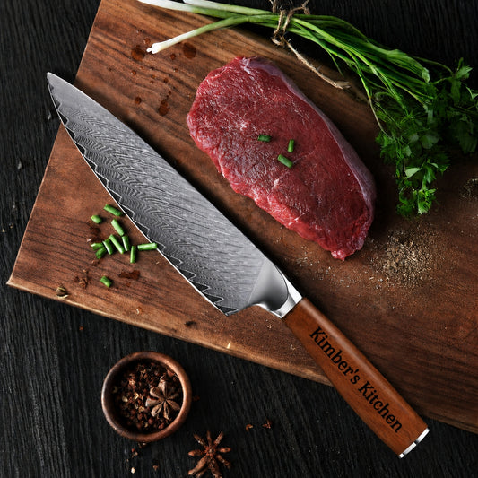Personalized 8-Inch Damascus Chef Knife – Engraved Walnut Handle