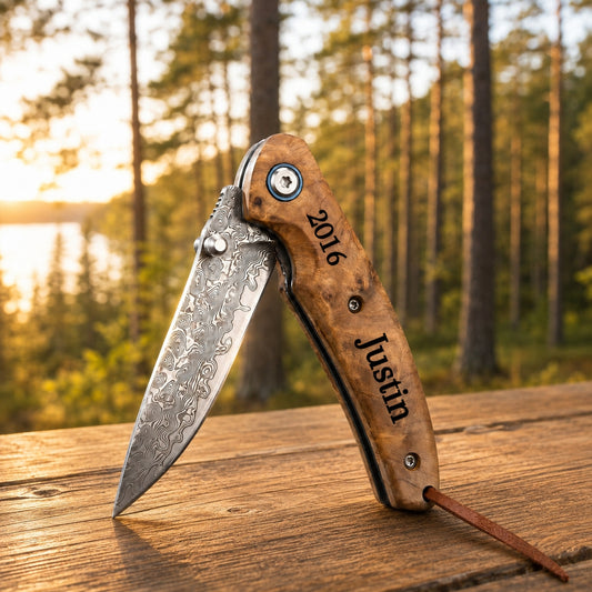 Personalized Damascus Pocket Knife – Burl Wood Handle