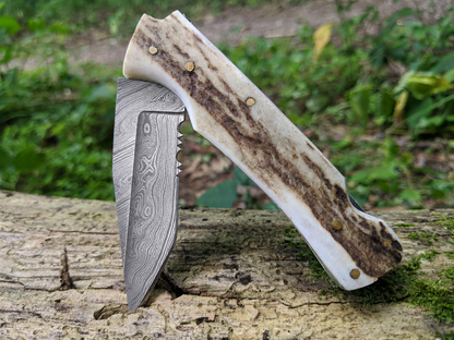 Engraved Damascus Folding Pocket Knife | Deer Antler Handle