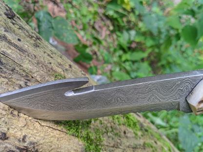 Engraved Damascus Hunting Knife Green Malachite Antler Handle