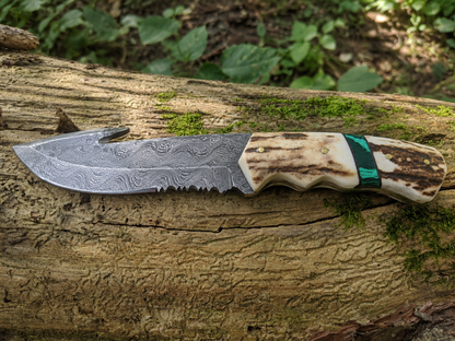 Engraved Damascus Hunting Knife Green Malachite Antler Handle