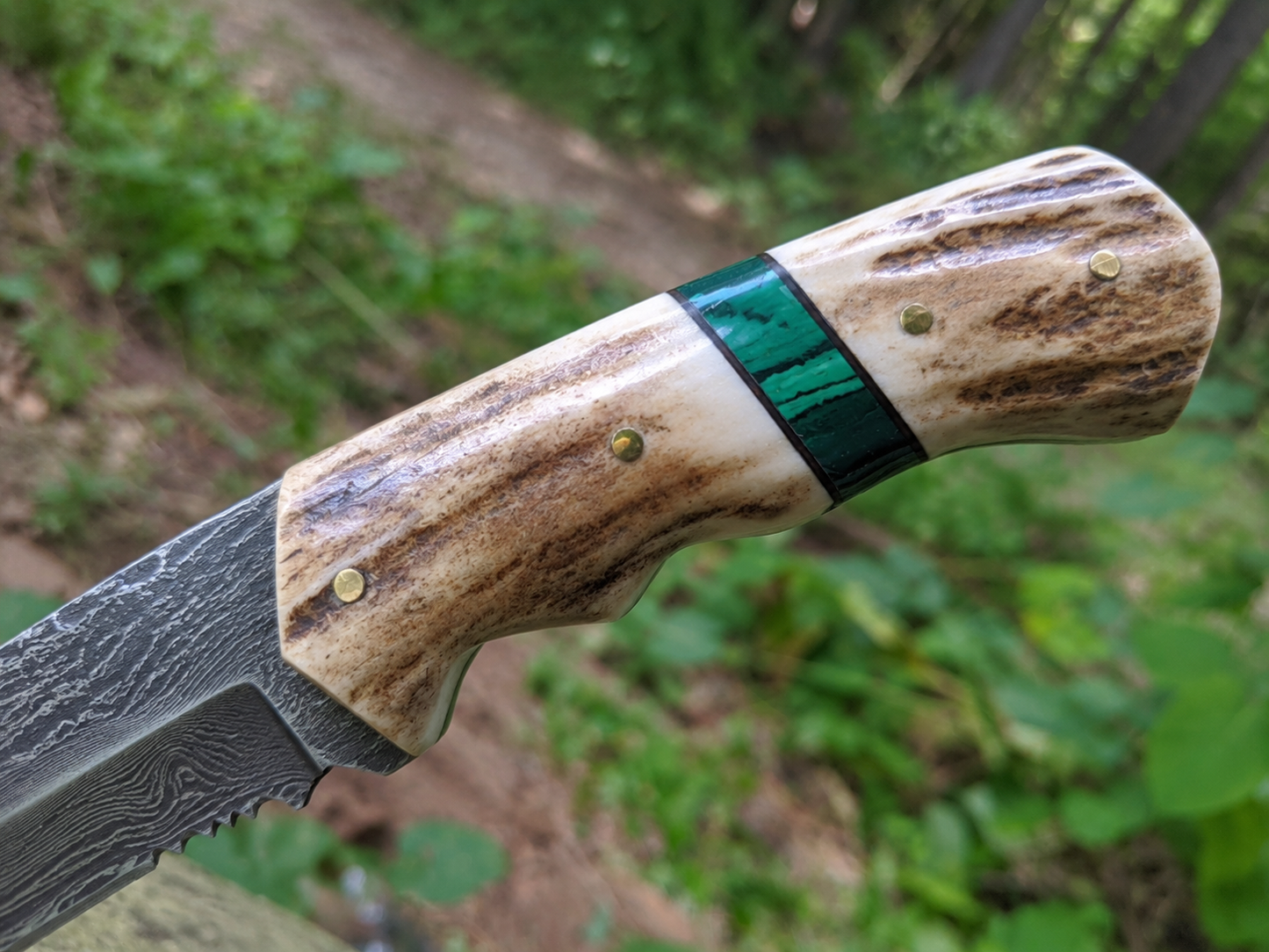 Engraved Damascus Hunting Knife Green Malachite Antler Handle