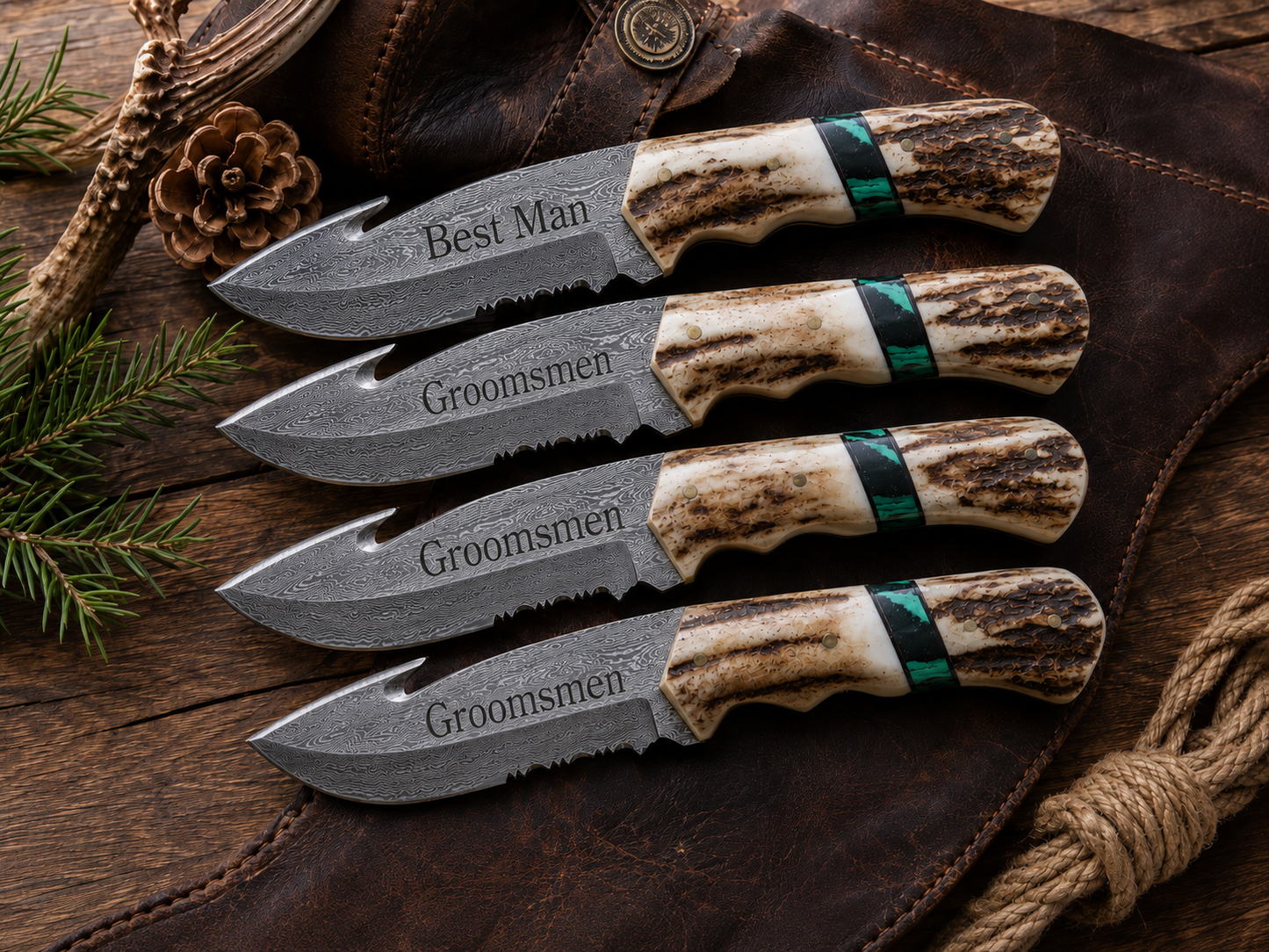 Engraved Damascus Hunting Knife Green Malachite Antler Handle