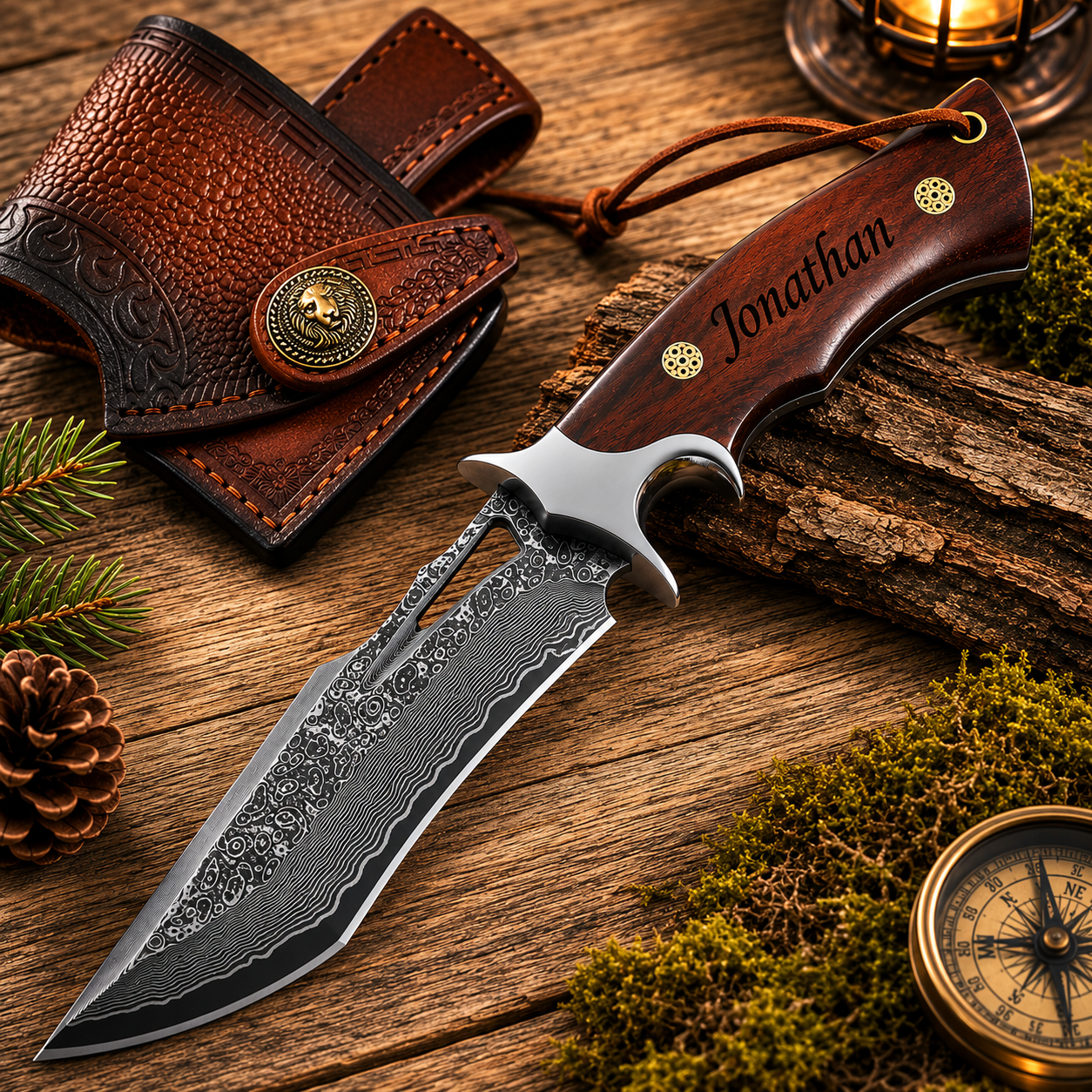 Engraved Damascus Hunting Knife – Fixed Blade with Personalization