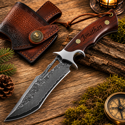 Engraved Damascus Hunting Knife – Fixed Blade with Personalization