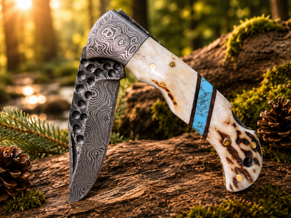 Engraved Damascus Folding Pocket Knife - Deer Antler Handle