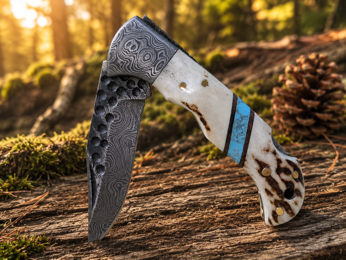 Engraved Damascus Folding Pocket Knife - Deer Antler Handle