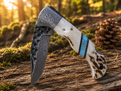 Engraved Damascus Folding Pocket Knife - Deer Antler Handle