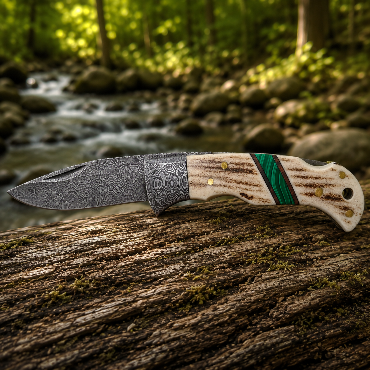 Engraved Damascus Pocket Folding Knife - Deer Antler Green Malachite Handle