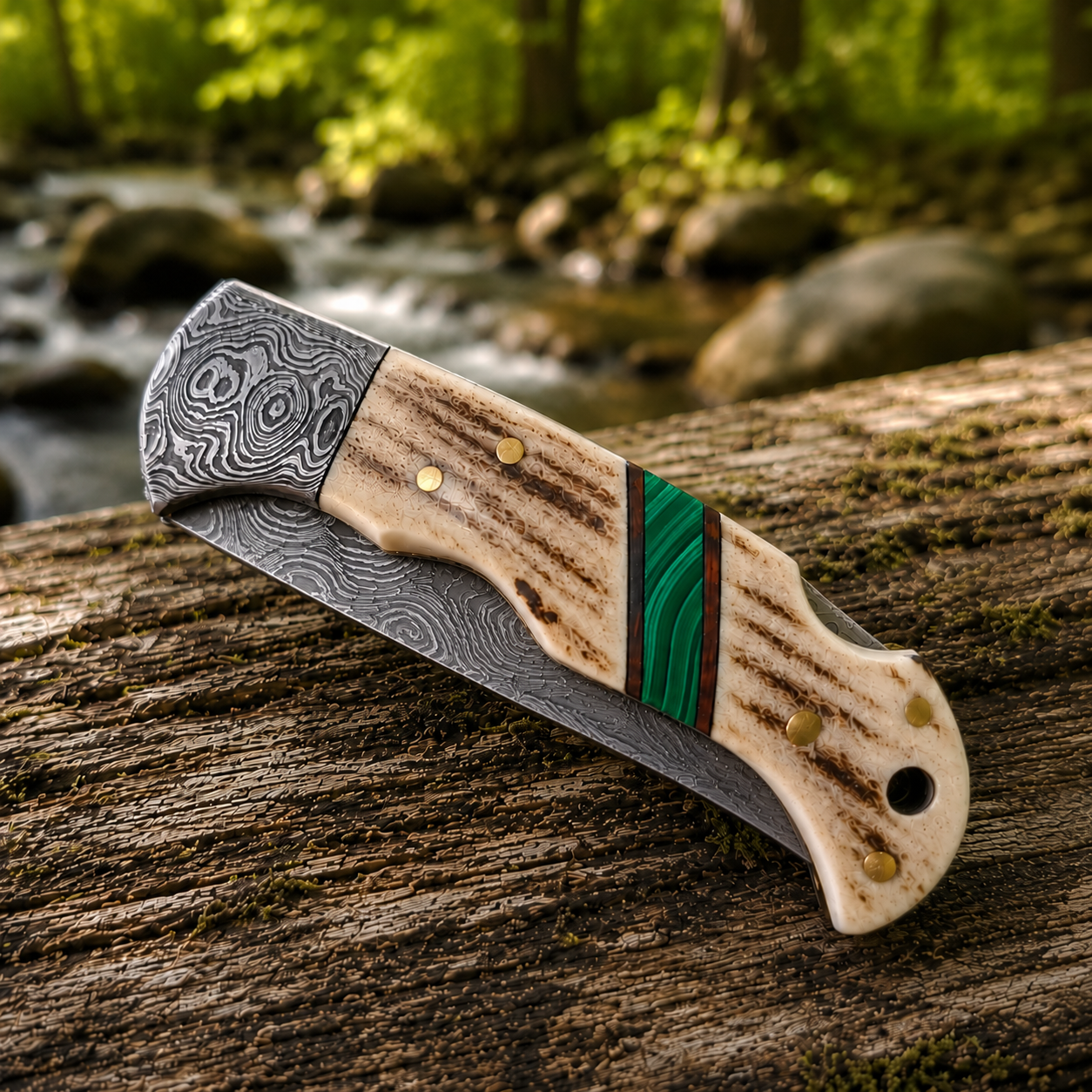 Engraved Damascus Pocket Folding Knife - Deer Antler Green Malachite Handle