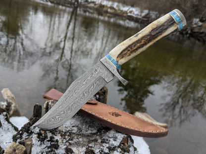 Engraved Antler Handle Damascus Hunting Knife Blue Turquoise