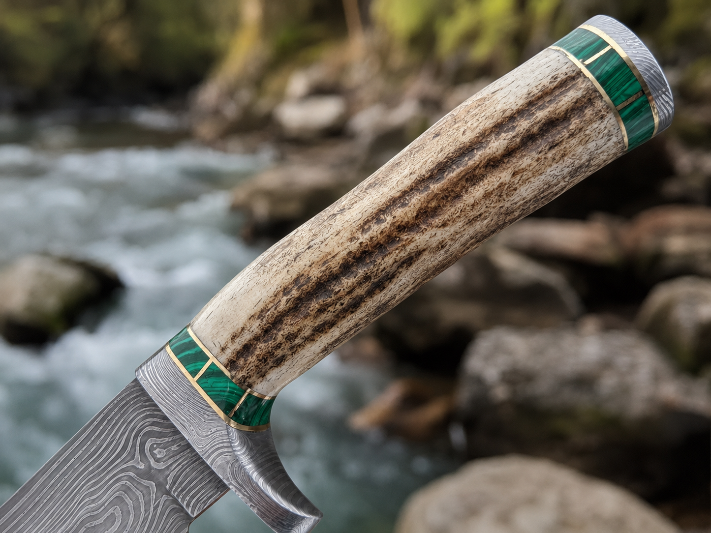 Engraved Antler Handle Damascus Hunting Knife Green Malachite