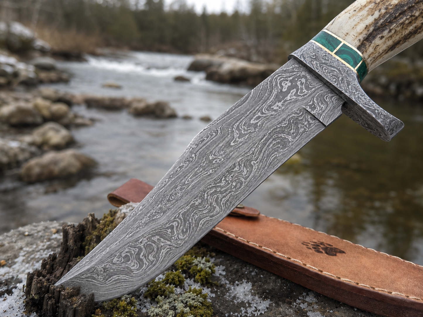 Engraved Antler Handle Damascus Hunting Knife Green Malachite