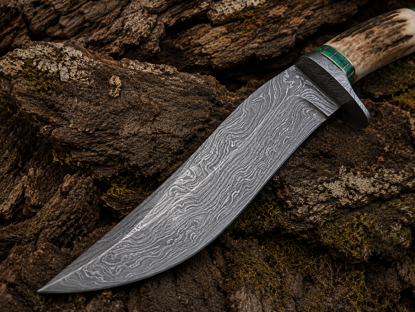 Engraved Antler Handle Damascus Hunting Knife Green Malachite