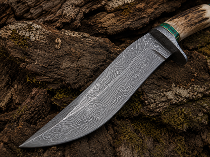 Engraved Antler Handle Damascus Hunting Knife Green Malachite