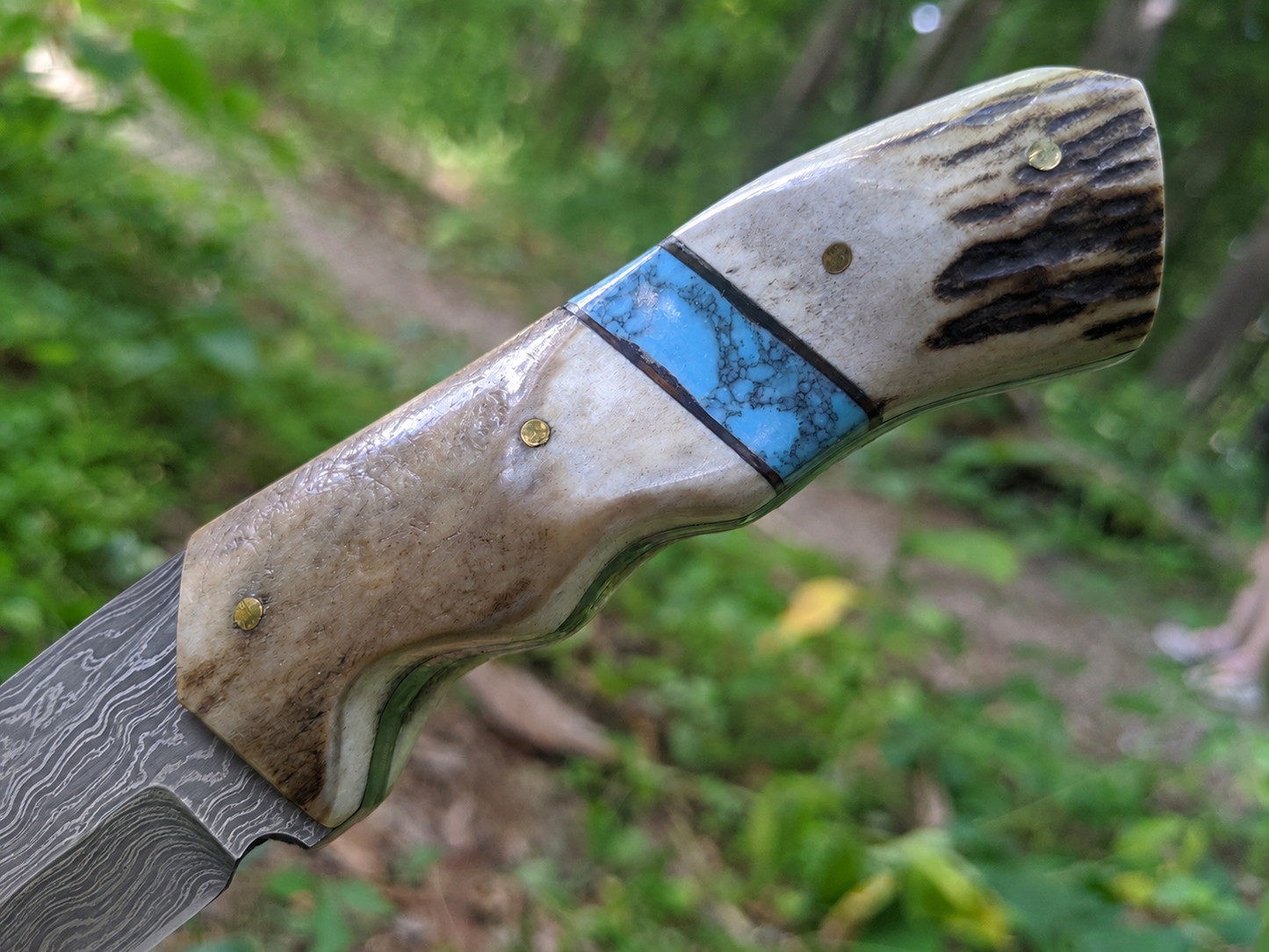 Engraved Damascus Hunting Knife Blue Turquoise Antler Handle