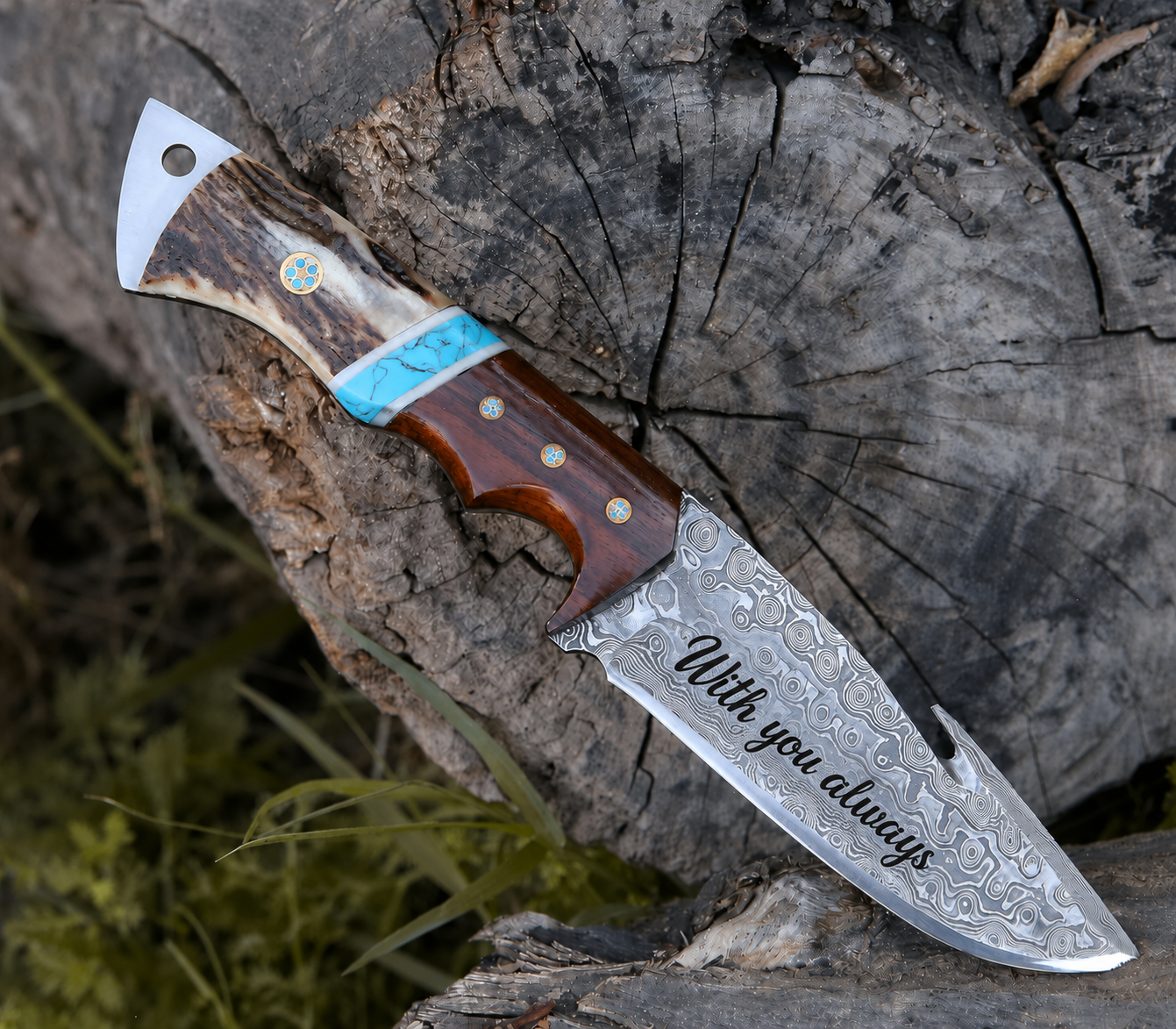 Deer Antler & Rosewood Handle Damascus 9.5" Hunting Knife Blue Turquoise