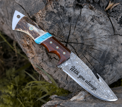 Deer Antler & Rosewood Handle Damascus 9.5" Hunting Knife Blue Turquoise