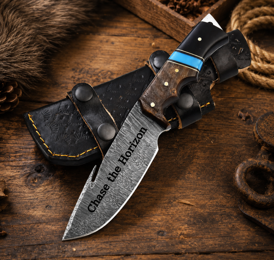 Engraved Damascus Hunting Knife with Ram and Bull Horn and Blue Turquoise Handle