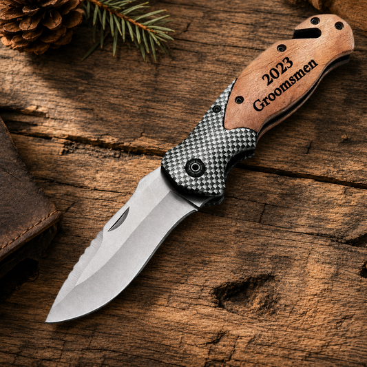 Engraved Olive Wood Handle Pocket Knife - Personalized Gift