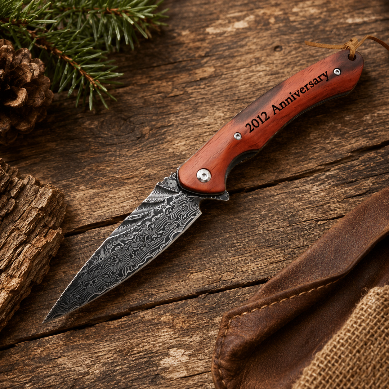 Damascus Pocket Knife Engraved Gift Rosewood Handle